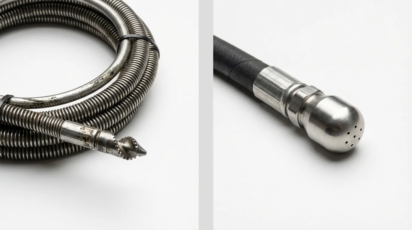 Drain snake cable and hydro jetting nozzle used for drain cleaning in Lake Mills, IA
