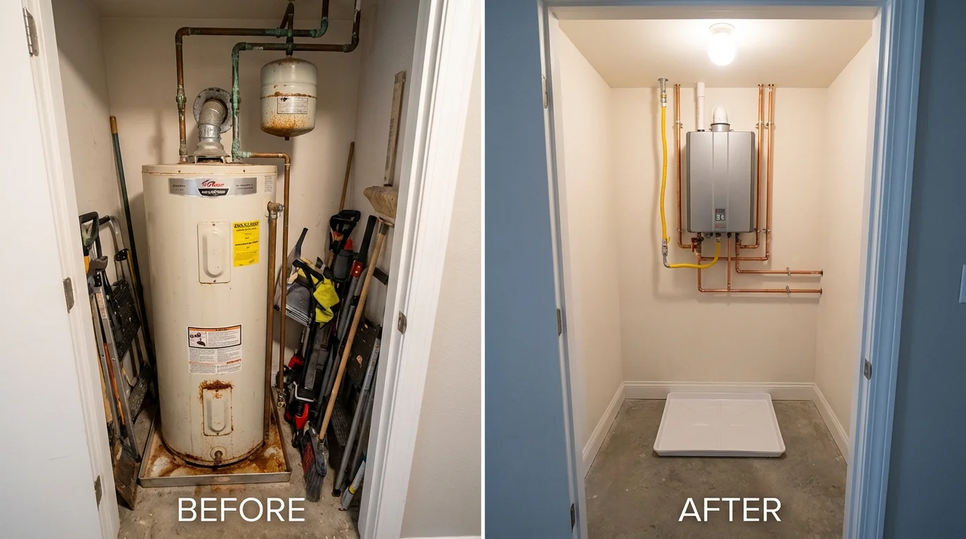 Tank water heater versus wall-mounted tankless unit comparison for Lake Mills, IA homeowners