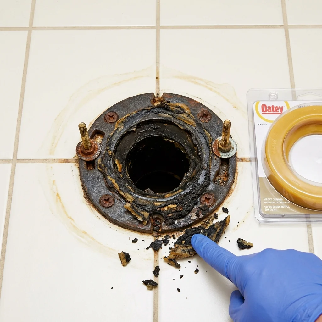 Failed wax ring showing water seepage at the base of a toilet in a Lake Mills, IA home