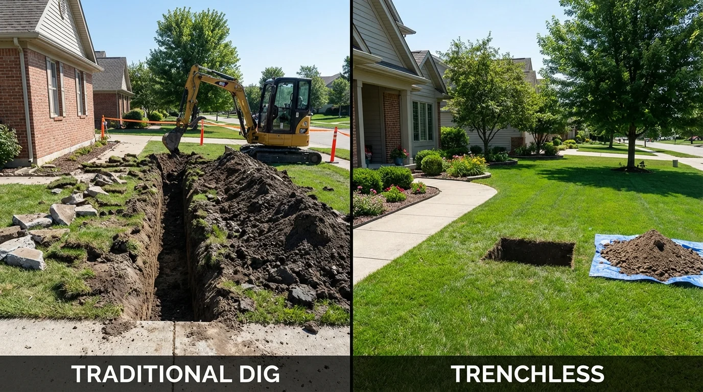 Trenchless sewer repair with minimal yard damage versus traditional excavation in Lake Mills, IA