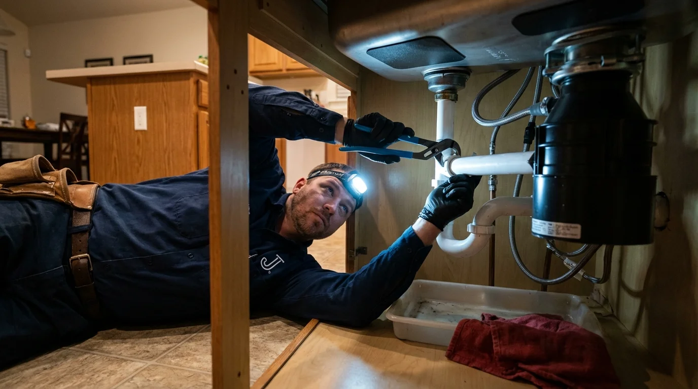 P-trap and supply line connections under a kitchen sink showing a common leak point in Lake Mills, IA